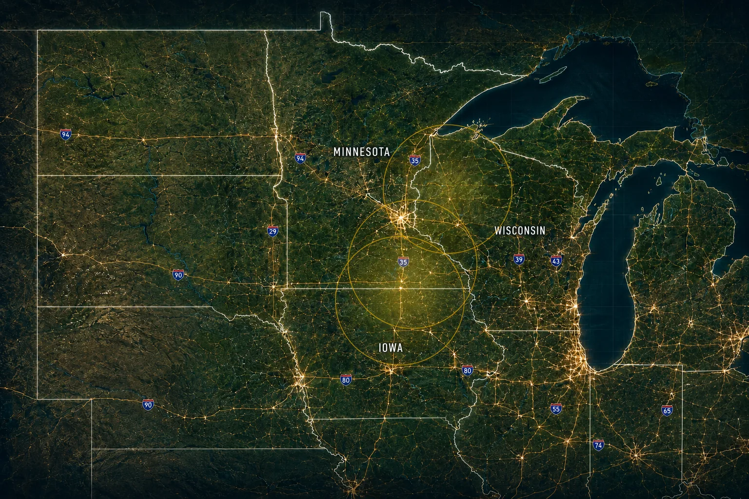 Return coverage area across Minnesota, Iowa, and western Wisconsin, centered on Hayfield, MN